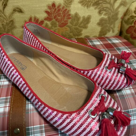 Sperry Top-Sider Bliss Berry & White Striped Sequin Flats Shoes Women SIZE 6.5 - Picture 3 of 14